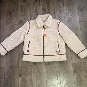 BearPaw Cream and Brown Women’s Size 2XL Teddy Sherpa Zip Up Jacket Collared
